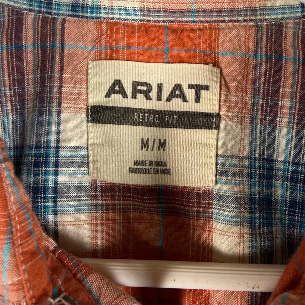Ariat Hawk Retro Snap SS Mens Orange Blue Plaid Western Shirt Medium 10040647
